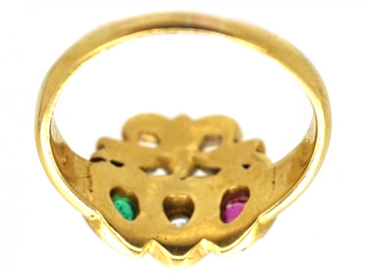 Edwardian 18ct Gold Triple Heart Diamond Ruby & Emerald Ring