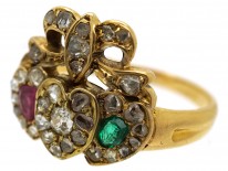 Edwardian 18ct Gold Triple Heart Diamond Ruby & Emerald Ring