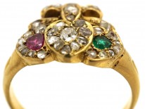 Edwardian 18ct Gold Triple Heart Diamond Ruby & Emerald Ring