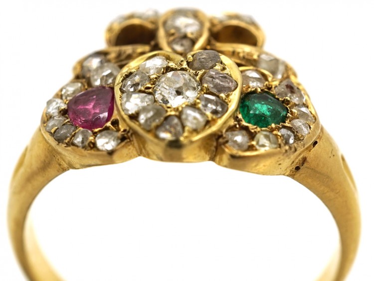 Edwardian 18ct Gold Triple Heart Diamond Ruby & Emerald Ring