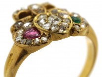 Edwardian 18ct Gold Triple Heart Diamond Ruby & Emerald Ring
