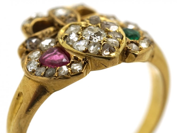 Edwardian 18ct Gold Triple Heart Diamond Ruby & Emerald Ring
