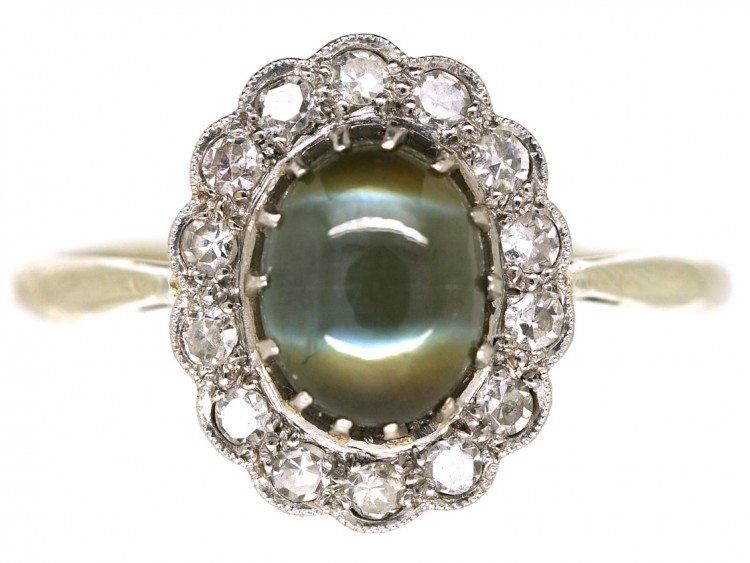 Edwardian 18ct White Gold & Platinum Cat's Eye Chrysoberyl Ring