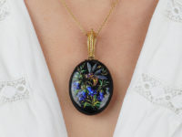 Victorian 18ct Gold & Silver Enamel Oval Pendant of a Bee & Harebells