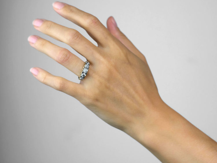 Victorian 18ct Gold Five Stone Diamond Carved Half Hoop Ring
