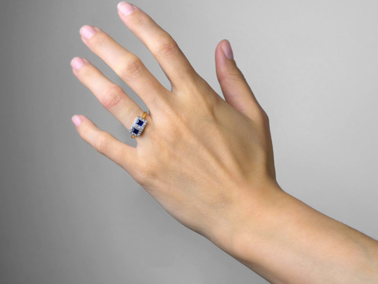 Art Deco 18ct Gold & Platinum, Sapphire & Diamond Two Square Ring
