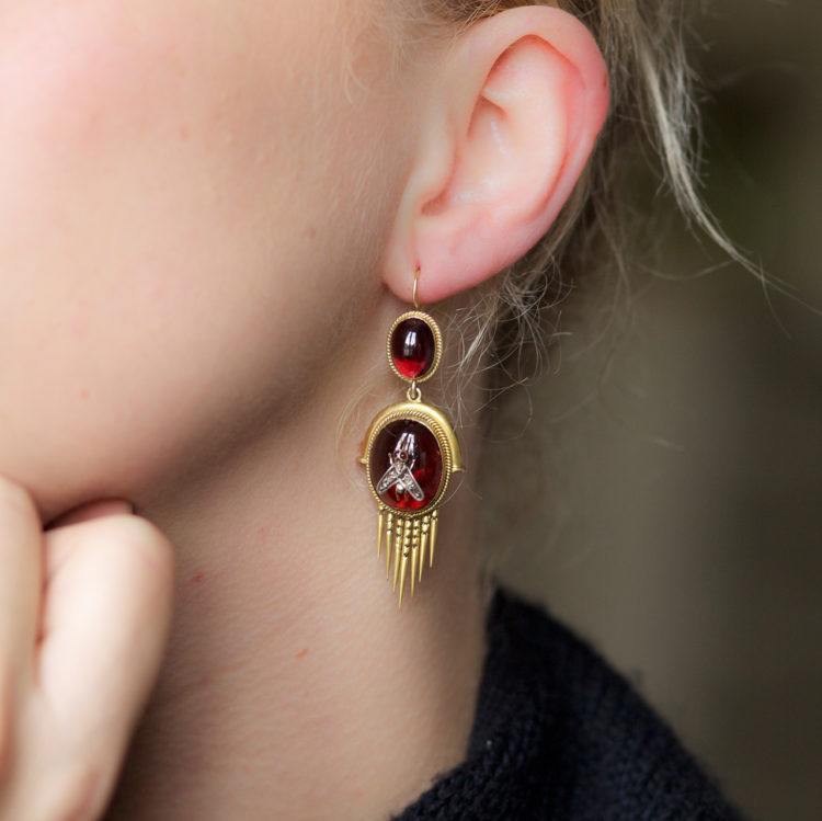 Victorian 15ct Gold Earrings Set With Cabochon Garnets & Diamond Set Flies