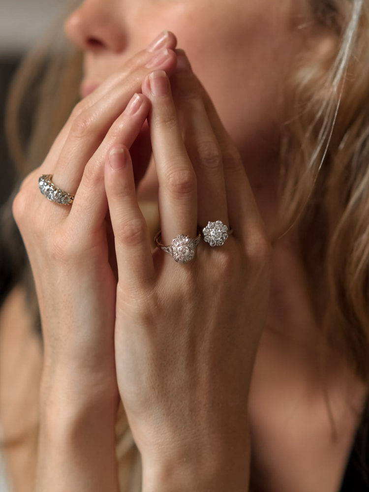 Art Deco Oval Diamond Cluster Ring With Diamond Shoulders