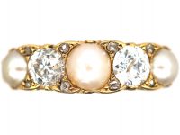 Victorian 18ct Gold Diamond & Natural Pearl Carved Half Hoop Ring