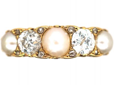 Victorian 18ct Gold Diamond & Natural Pearl Carved Half Hoop Ring