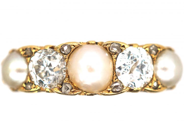 Victorian 18ct Gold Diamond & Natural Pearl Carved Half Hoop Ring