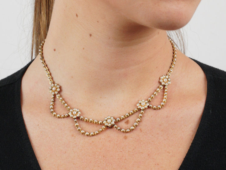 Victorian 18ct Gold & Natural Split Pearl Festoon Necklace