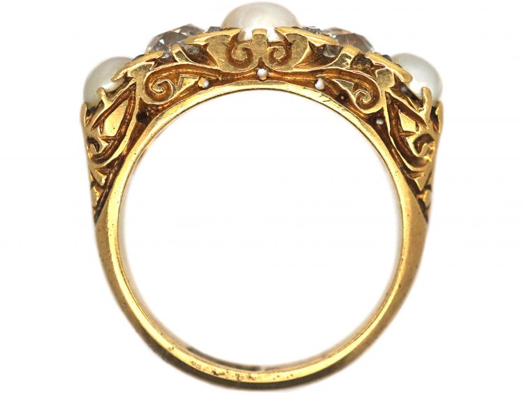 Victorian 18ct Gold Diamond & Natural Pearl Carved Half Hoop Ring