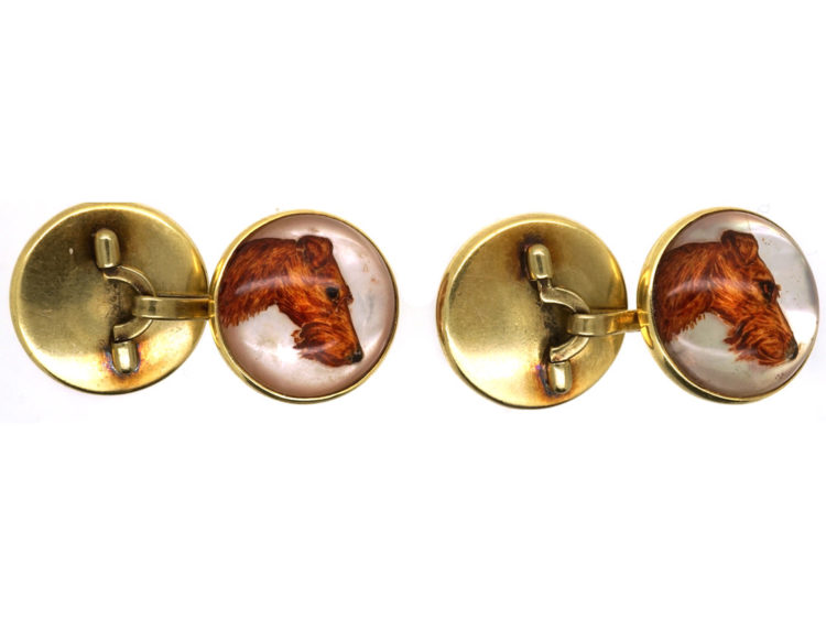 18ct Gold Reverse Intaglio Crystal Cufflinks of Irish Terriers