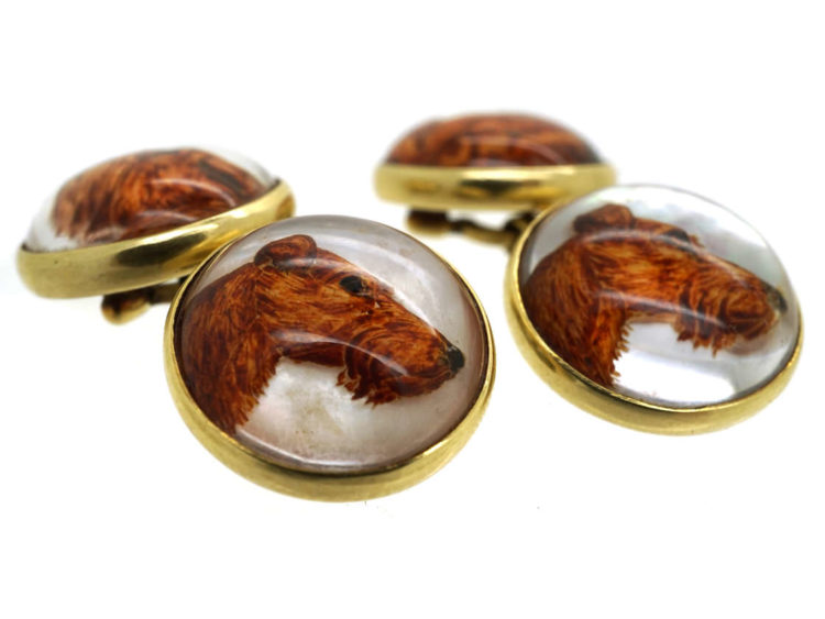 18ct Gold Reverse Intaglio Crystal Cufflinks of Irish Terriers
