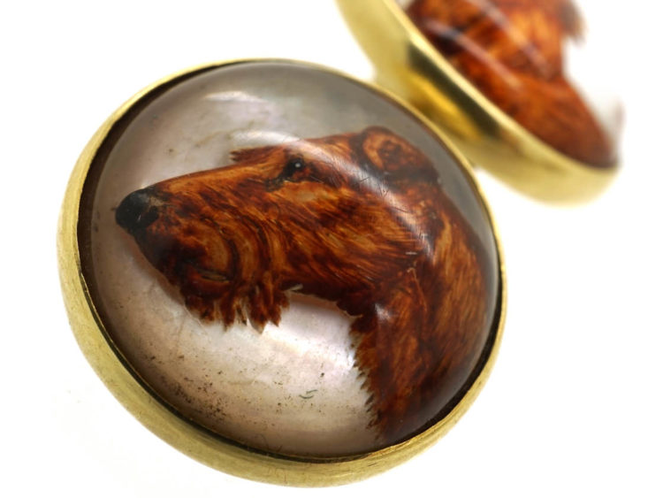 18ct Gold Reverse Intaglio Crystal Cufflinks of Irish Terriers