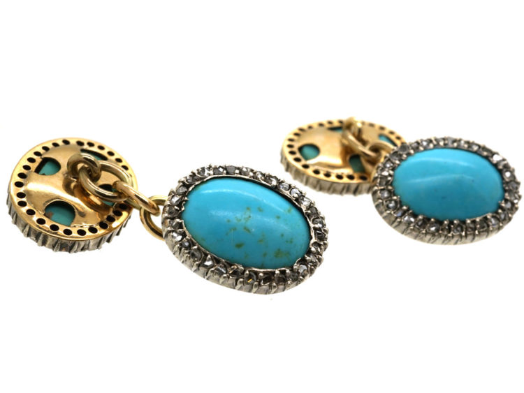 Edwardian 18ct Gold, Turquoise & Rose Diamond Cufflinks
