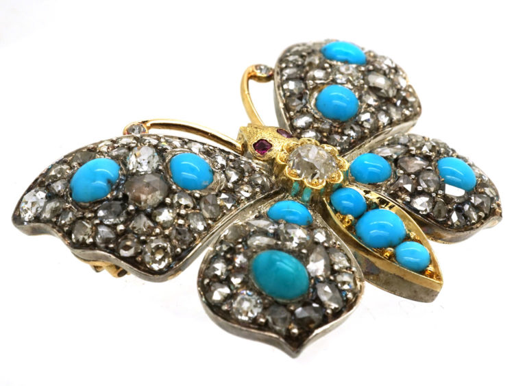 18ct Gold Diamond & Turquoise & Ruby Butterfly Brooch