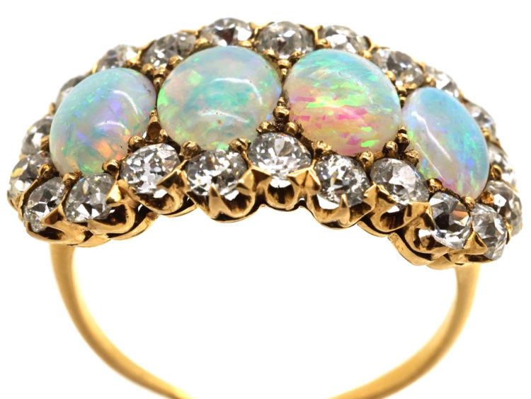 Edwardian 18ct Gold, Four Stone Opal & Diamond Ring