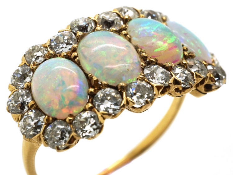 Edwardian 18ct Gold, Four Stone Opal & Diamond Ring