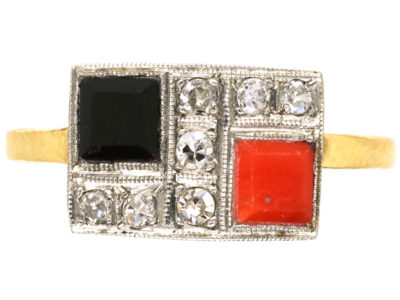 Art Deco 18ct Gold, Platinum, Coral, Onyx & Diamond Ring