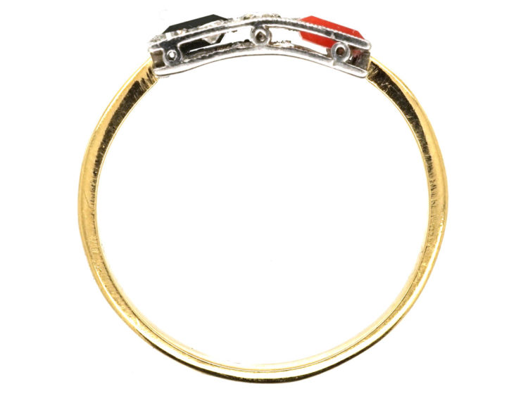 Art Deco 18ct Gold, Platinum, Coral, Onyx & Diamond Ring
