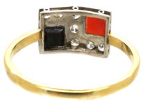 Art Deco 18ct Gold, Platinum, Coral, Onyx & Diamond Ring