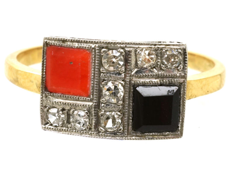 Art Deco 18ct Gold, Platinum, Coral, Onyx & Diamond Ring