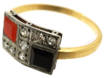 Art Deco 18ct Gold, Platinum, Coral, Onyx & Diamond Ring