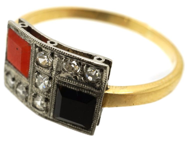 Art Deco 18ct Gold, Platinum, Coral, Onyx & Diamond Ring