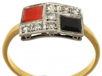 Art Deco 18ct Gold, Platinum, Coral, Onyx & Diamond Ring