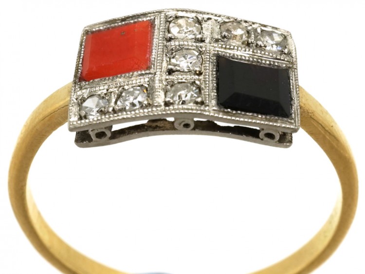 Art Deco 18ct Gold, Platinum, Coral, Onyx & Diamond Ring