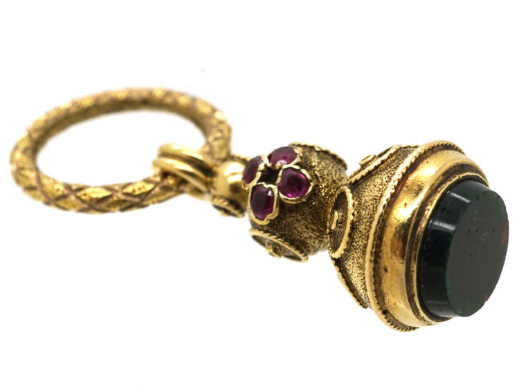 Georgian Gold Seal Set With Rose Diamonds & Rubies & a Bloodstone Base