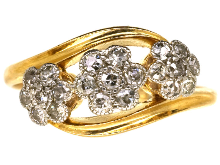 Edwardian 18ct Gold & Platinum Triple Cluster Diamond Ring