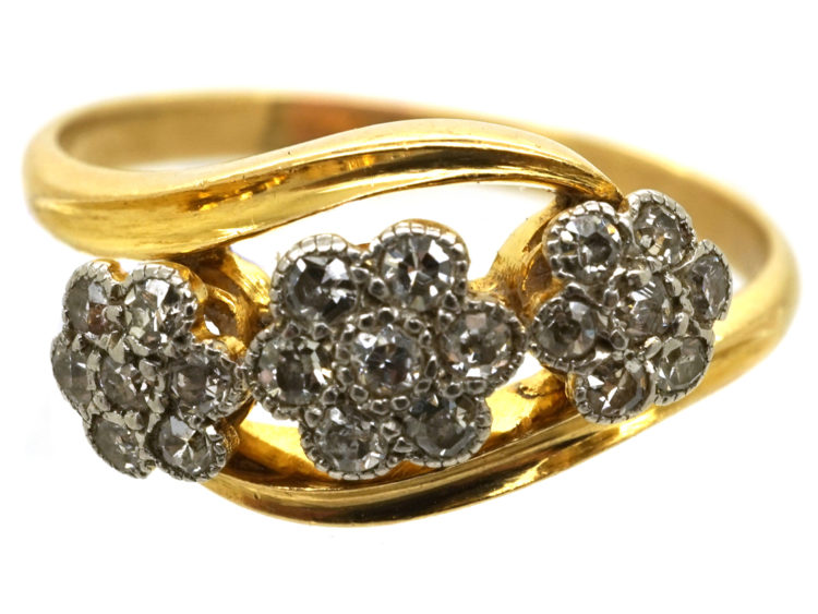Edwardian 18ct Gold & Platinum Triple Cluster Diamond Ring
