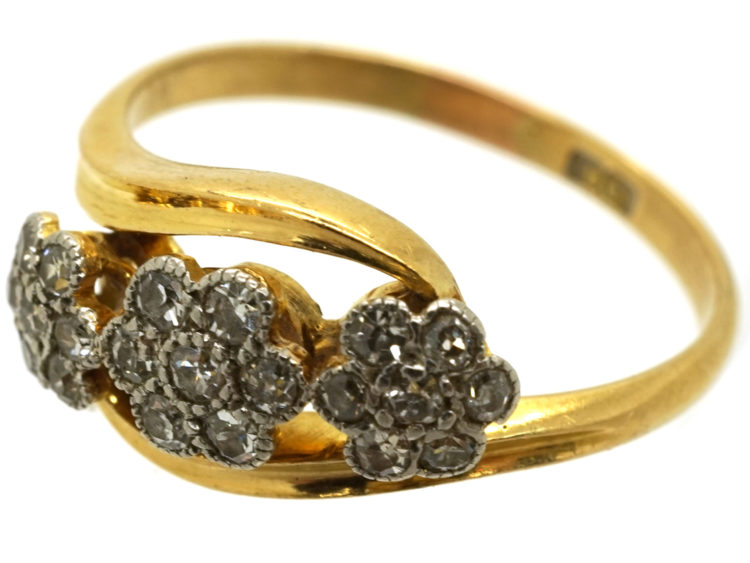 Edwardian 18ct Gold & Platinum Triple Cluster Diamond Ring