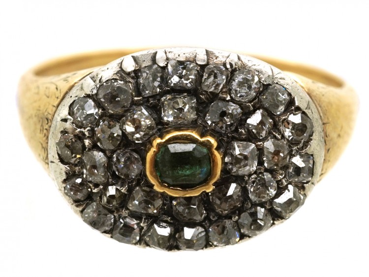 Georgian Diamond & Emerald Oval Cluster Ring