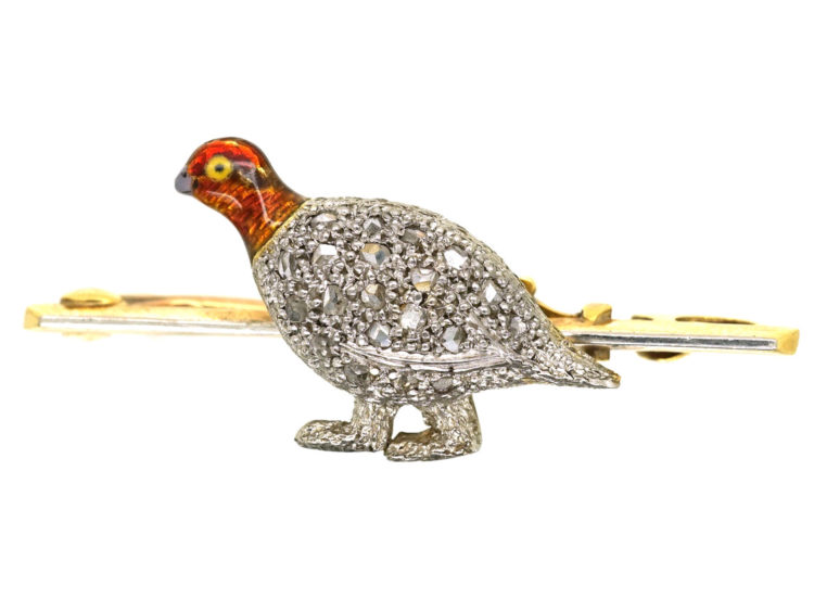 Edwardian Diamond & Enamel Brooch of a Grouse