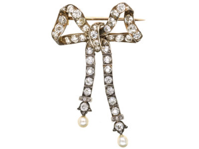 Edwardian Articulated Bow Brooch Set With Diamonds & Natural Pearls