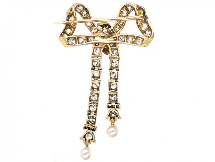 Edwardian Articulated Bow Brooch Set With Diamonds & Natural Pearls