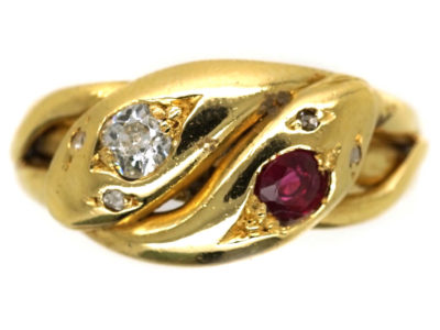 Victorian 18ct Gold Snake Ring Set With a Ruby & a Diamond