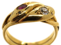 Victorian 18ct Gold Snake Ring Set With a Ruby & a Diamond