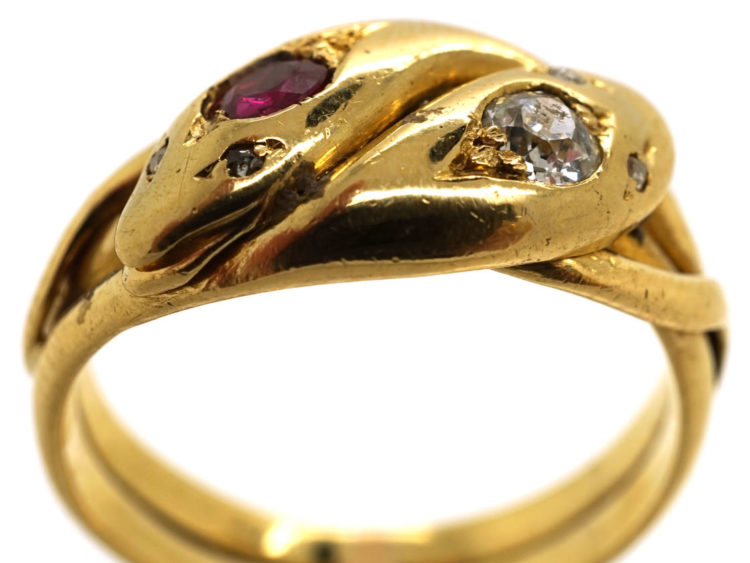 Victorian 18ct Gold Snake Ring Set With a Ruby & a Diamond
