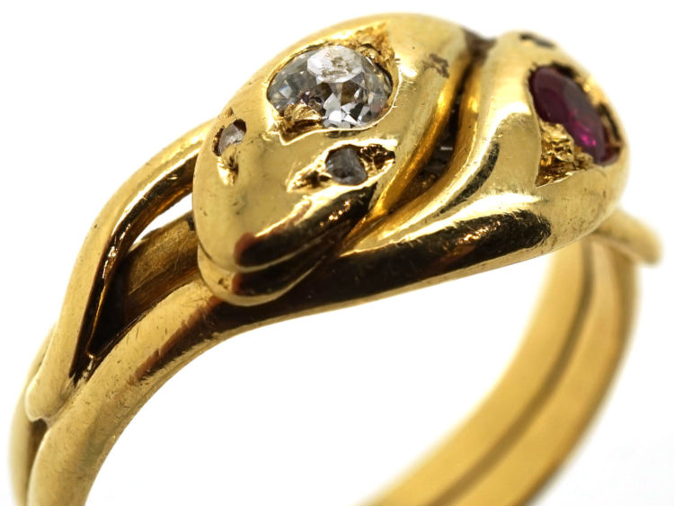Victorian 18ct Gold Snake Ring Set With a Ruby & a Diamond