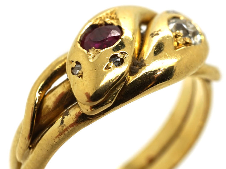 Victorian 18ct Gold Snake Ring Set With a Ruby & a Diamond