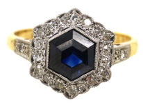 Art Deco 18ct Gold, Platinum Sapphire & Diamond Hexagonal Ring