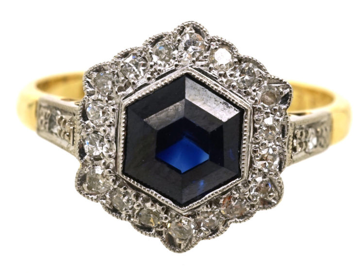 Art Deco 18ct Gold, Platinum Sapphire & Diamond Hexagonal Ring