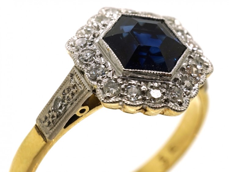 Art Deco 18ct Gold, Platinum Sapphire & Diamond Hexagonal Ring