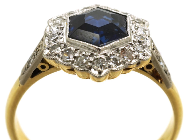 Art Deco 18ct Gold, Platinum Sapphire & Diamond Hexagonal Ring