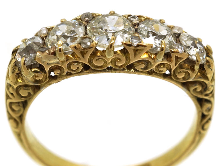 Victorian 18ct Gold, Five Stone Diamond Carved Half Hoop Ring